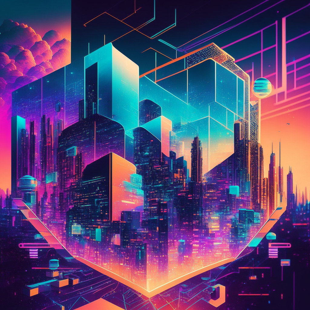 Futuristic cityscape merging blockchain and AI, vibrant colors, geometric patterns, secure interconnected networks, soft dusk lighting, holographic elements, digital space, sense of optimism and collaboration, people working together across industries, balance between privacy and data sharing.