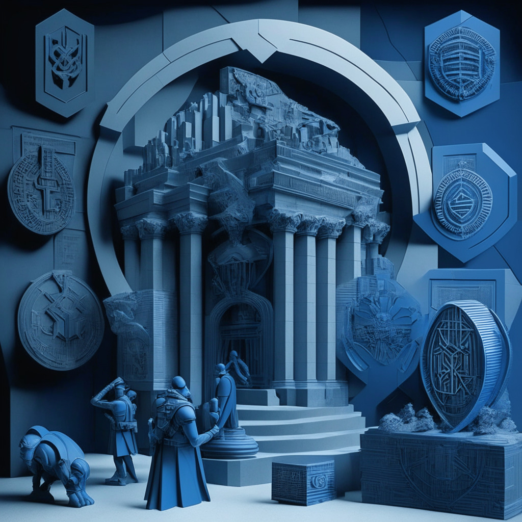 A clandestine scene to represent cooperation between a crypto exchange and a defense ministry, cyber counter-terrorism operation, guiding the mood. Scene bathed in blue and grey hues to suggest the secretive world of cybersecurity. Include symbols of international security, cryptography, regulatory elements, yet ensuring an air of intrigue and resilience. Sculptural, neo-gothic art style, evoking a sense of gravity and seriousness.