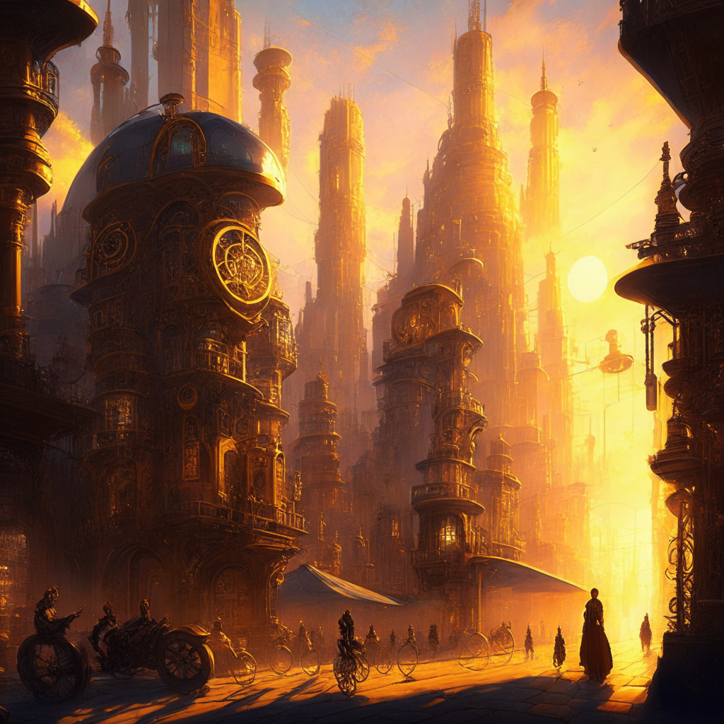 Intricate steampunk-style futuristic city, blockchain interconnecting skyscrapers, diverse industries, golden sunset sky, dappled sunlight on cobblestone streets, optimism, and uncertainty in people's faces, shadowy figures representing controversies, ethereal glow from cryptocurrencies in use, vibrant marketplace, lively debate in progress, watchful eyes.