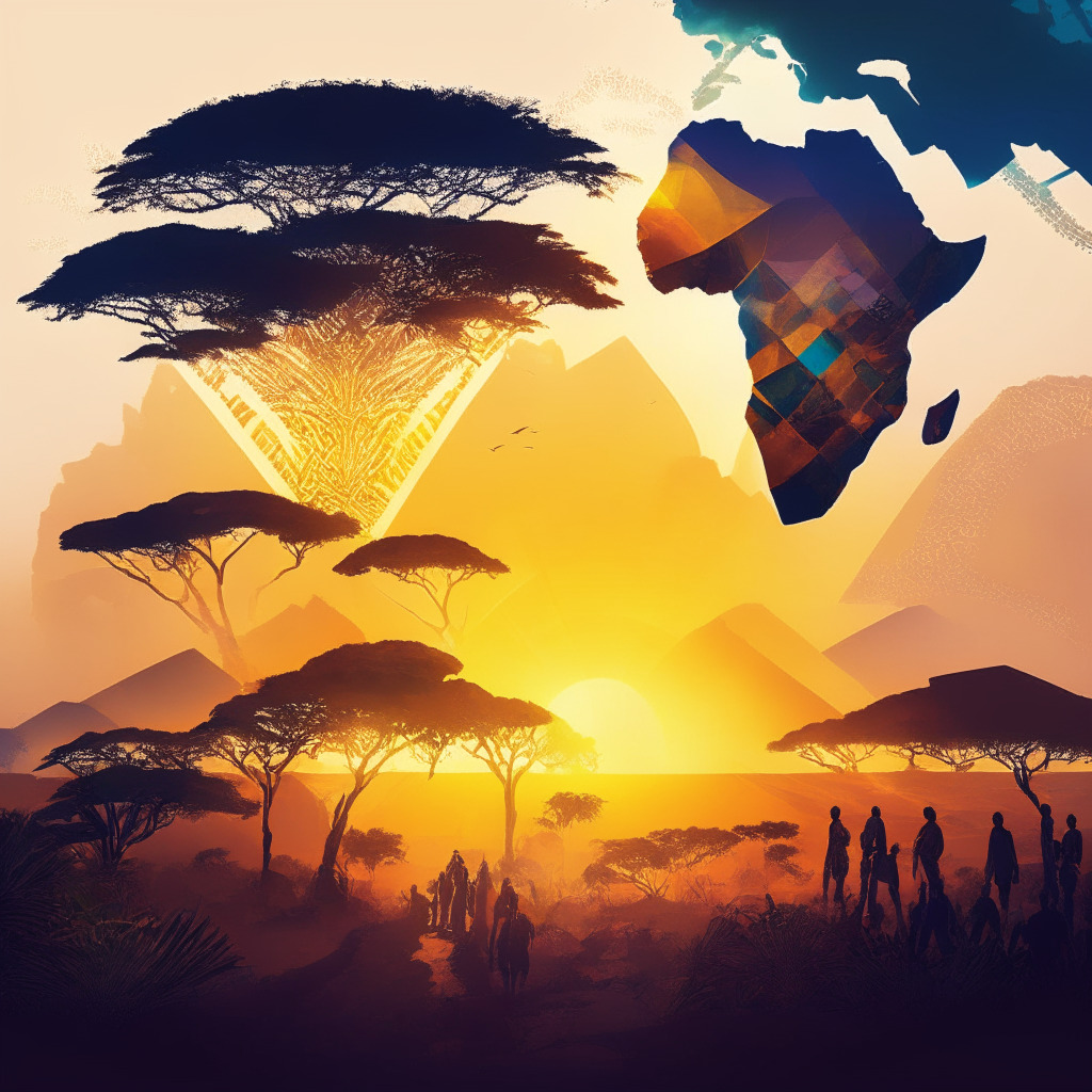 African landscape at dawn, blockchain network overlay, contrasting shades of hope and skepticism, powerful rays of light breaking through clouds, diverse people exchanging skills and opportunities, a blend of modern and traditional elements, vibrant colors reflecting progress and innovation, interconnected trade paths, an atmospheric sense of potential growth and transformation.