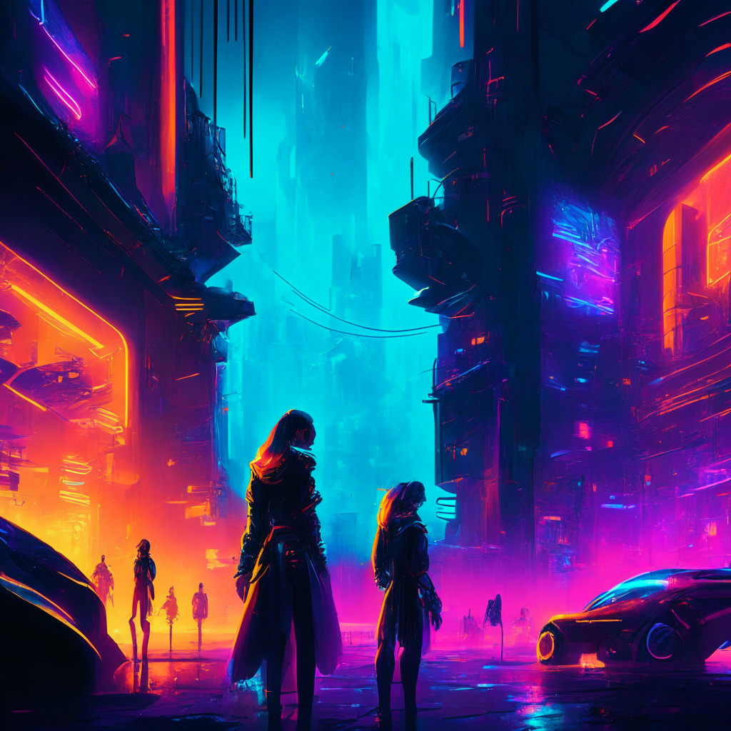 Futuristic virtual MMORPG scene, neon-lit cityscape, diverse characters interacting with blockchain-based assets, warm and cool lights reflecting on polished surfaces, chiaroscuro contrast, heightened sense of immersion and interconnectedness, vibrant colors, mixture of realism and impressionism, underlying tones of excitement and caution.