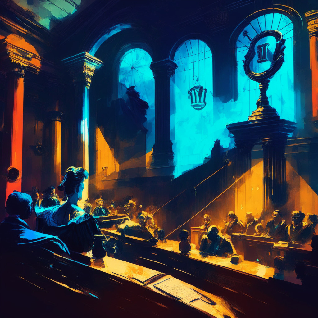 Intricate courtroom scene, gavel, scales of justice, opponents debating, ethereal Ethereum logo in the background, privacy vs. regulation theme, chiaroscuro lighting, intense mood, bold dashes of color, impressionist style, individual privacy, balancing innovation and oversight, question of liberty's essence.