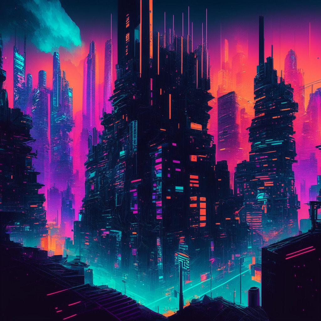 Intricate cityscape with AI-generated fake news clashing with blockchain security, futuristic neon color palette, chiaroscuro lighting emphasizing tension, dynamic composition of sources combating misinformation, hopeful atmosphere depicting media industry's potential solution.