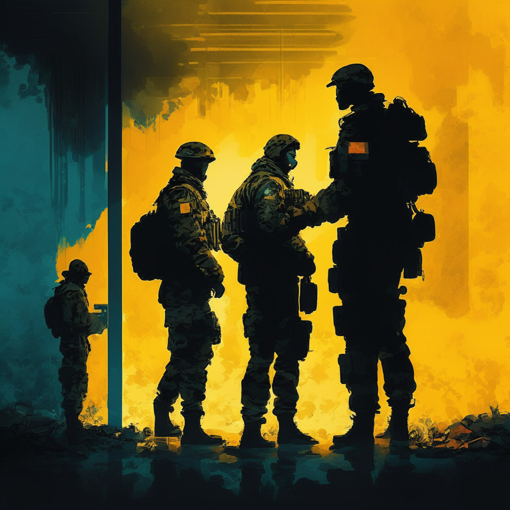 Shadowy figures exchanging cryptocurrency, intense contrasts of light and dark, digital blockchain-inspired background, a tense standoff between soldiers & technology, warm colors representing Ukrainian military, cold colors for Russian secret service, balance between freedom and security, a powerful, thought-provoking image, cautionary mood.