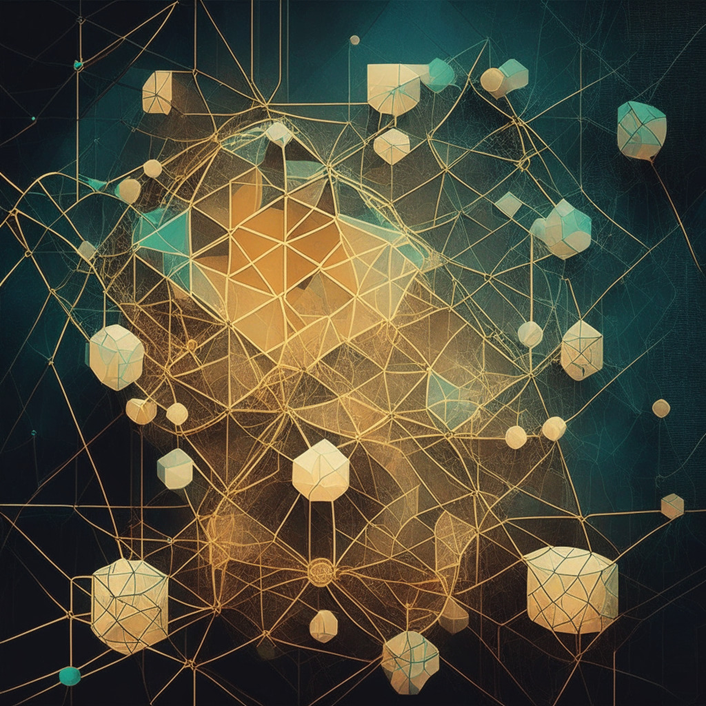 Intricate blockchain network, various layer-1 protocols (Ethereum, EOS, Cardano, Solana, Avalanche, Sui, Aptos), rollups on top of networks, questioning sustainability, ethereal lighting, subdued earthy color palette, contemplative mood, hint of optimism, fusion of cubism and modern digital art.