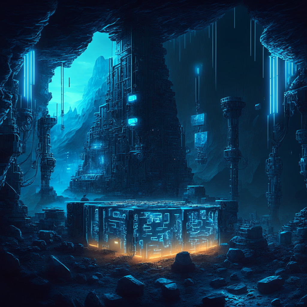 Futuristic cryptocurrency mine at dusk, intricate circuitry covering vast underground cavern, ethereal blue light emanating from reflective surfaces, steampunk-inspired miners hard at work, atmosphere of optimism and anticipation, hint of delayed satisfaction, vivid contrast between cutting-edge technology and gritty surroundings, mysterious glow hinting at ongoing innovation.