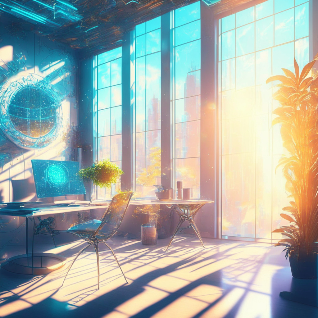 Intricate futuristic workspace, multiple Chrome extensions visualized as holographic symbols, ChatGPT appearing as a friendly AI assistant, warm sunlight filtering through a window, soft but focused ambiance, organized and efficient mood, impressionist style with vivid colors.