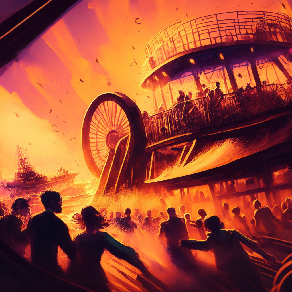Rollercoaster NFT market, bustling Bored Ape Yacht Club, gleaming Ethereum coins, crypto entrepreneur making waves, intricate digital art backdrop, warm golden-hour lighting, dynamic trades in progress, emotion-filled hues, anxious and exhilarated mood, dramatic chiaroscuro effect, artistic painterly style.
