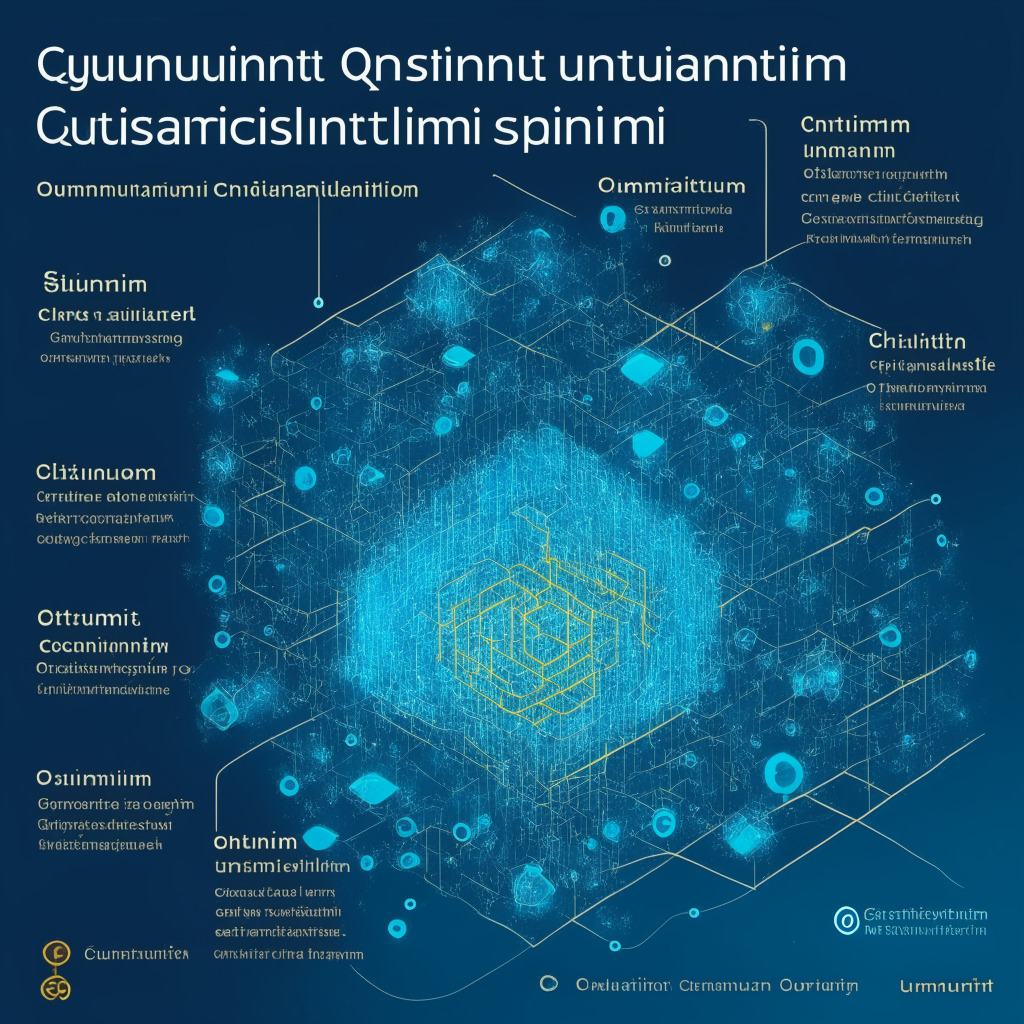 Quantum blockchain landscape, boson sampling-based PoW, eco-friendly mining, increasing difficulty with quantum miners participation, fusion of quantum computing and blockchain, faster processing, secure networks, sophisticated quantum infrastructures, potential for mainstream adoption, unanswered questions, and an optimistic yet uncertain future.