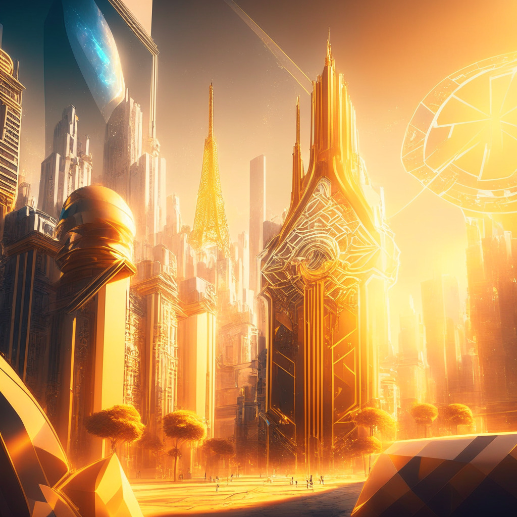 Futuristic cityscape with dominant French architecture, thriving crypto ecosystem, shimmering DeFi and NFT symbols, Web3-inspired elements, collaborative aura, warm golden hues and soft light, evoking innovation, support, and cautionary optimism amidst risk in the French blockchain sector.