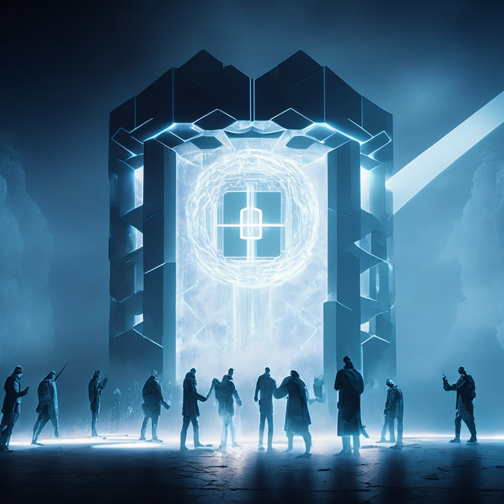 A futuristic, high-tech scene showcasing the dramatic launch of a Layer-2 blockchain network, lit by cold, silvery light emphasising an atmosphere of anticipation and skepticism. The focal point is a large, secured gate symbolising the breakout of the innovative Base project, flanked by ethereal figures of supporters and critics debating its scalability and security. The background portrays a hive-like scene representing Ethereum's robust platform and the bustling crypto community, eager and anxious. An abstract overlay of lines and grids, evoking the image of a testing network, envelops the scene. The image should project a mood of anxious anticipation mixed with thrilling innovation in an exciting but uncertain landscape.