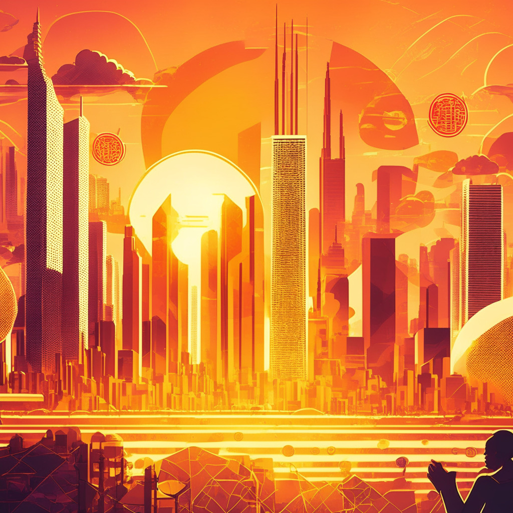 Futuristic city skyline with Brazilian elements, digital currency symbols overlaying, central bank building in the background, sunset casting warm hues, diverse people trading crypto, a sense of optimism and innovation, questions in speech bubbles, contrasting sharp and soft details, lively and complex scene, potential regulatory hurdles looming.