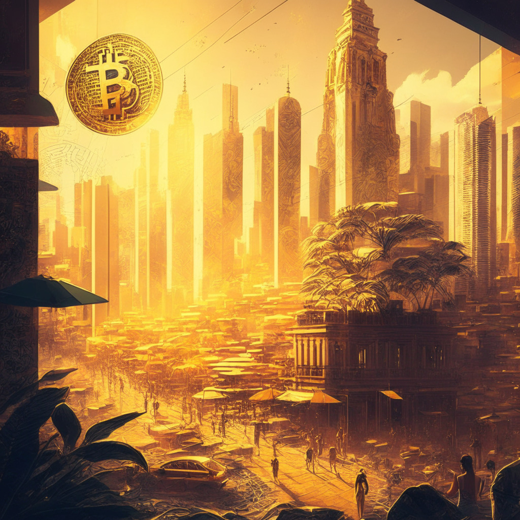 Intricate cityscape in Brazil with digital currencies floating, futuristic financial architecture, warm golden light, citizens engaging in transactions, vibrant artistic style, secure yet innovative atmosphere, a sense of privacy protection, and an excited yet cautious mood.