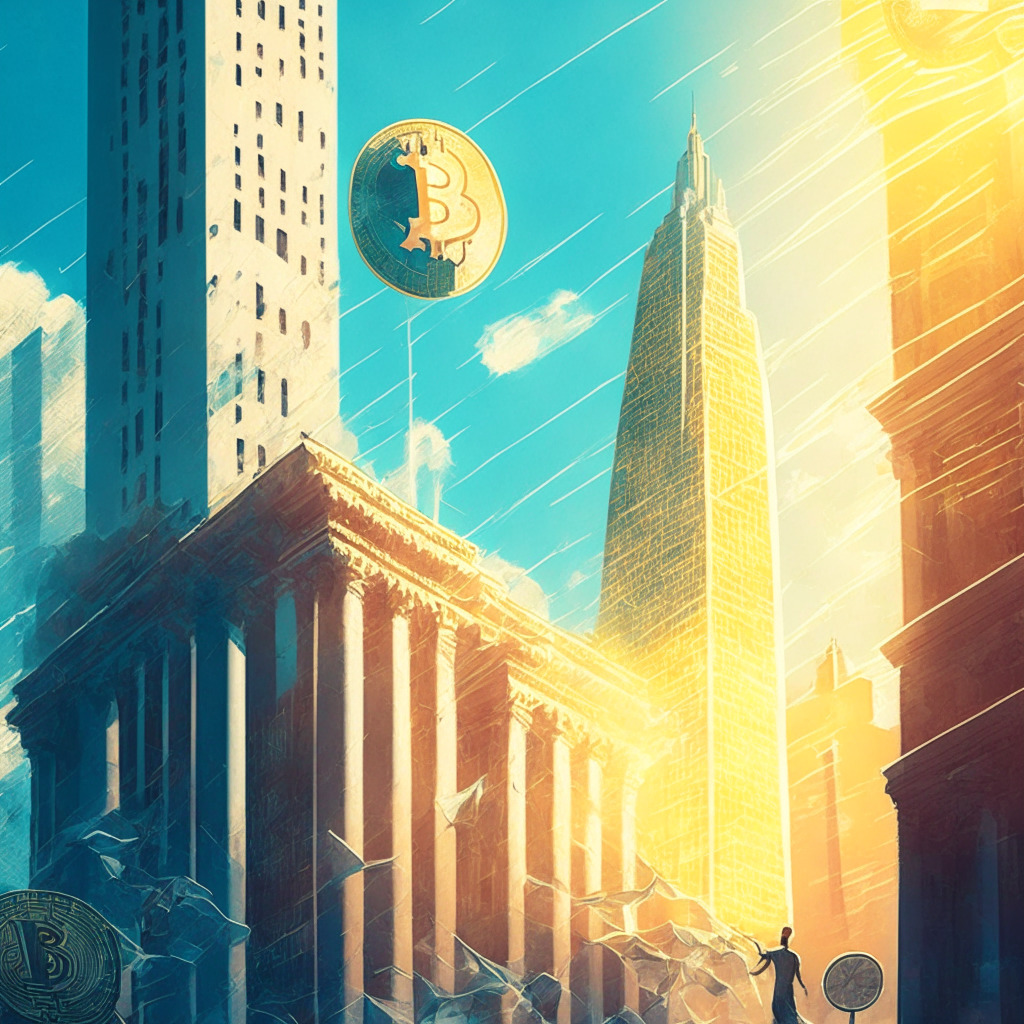 Sunlit cityscape with soaring bitcoin, prominent financial institution building, flurry of ETF applications, strong market resilience, cautiously optimistic traders, shifting market dynamics, blend of soft colors, artistic embellishment, mood of anticipation and uncertainty, hint of regulatory shadow.