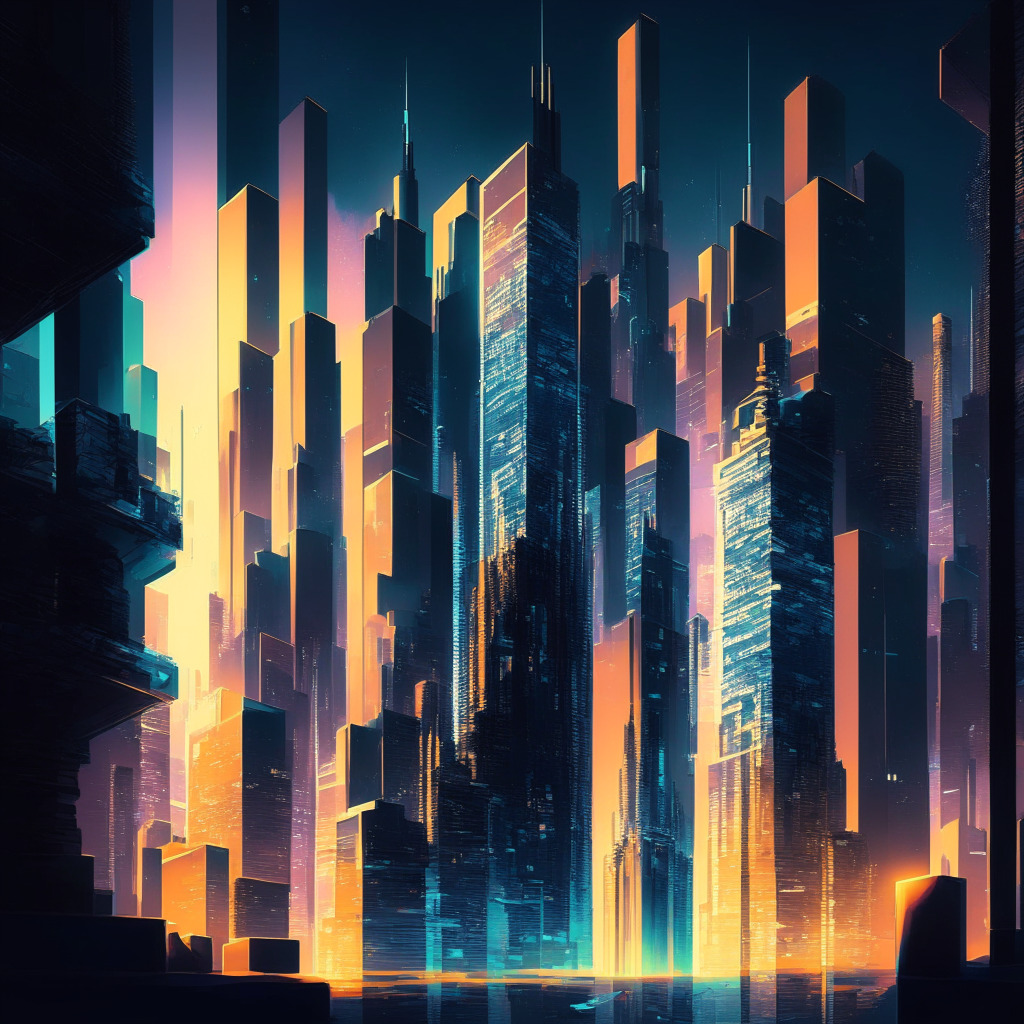 Crypto metaverse fusion, dusk-lit cityscape, Monet-inspired brushstrokes, curious atmosphere, Bitcoin blocks forming skyscrapers, 3D data visualization, community-driven interactions, hints of futuristic blockchain, contrasting light and shadows.