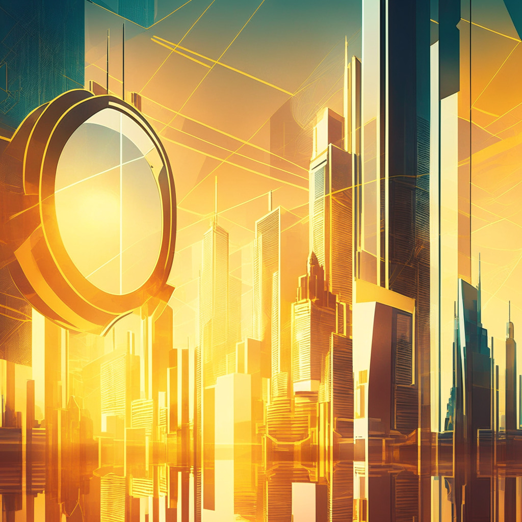 Futuristic financial landscape, TradFi and Web3 merging, former CFTC chair in the scene, golden sunrise reflecting on glass skyscrapers, tranquil interaction between banks and digital currencies, creative abstract elements symbolizing regulations, bold Art Deco accents, optimistic yet cautious mood.