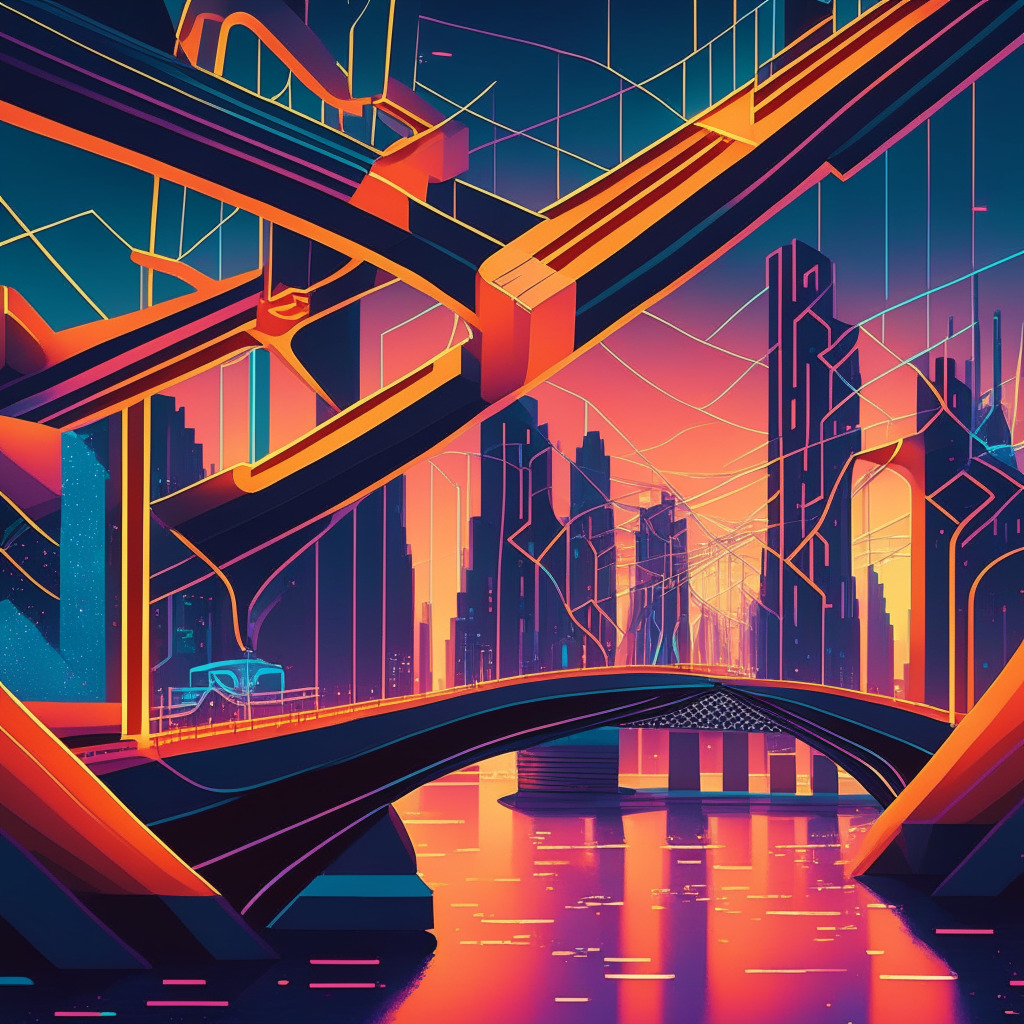 A vibrant, futuristic cityscape at dusk, symbolizing intricate blockchain networks. Architectural structures in the style of cubism, each distinct yet connected via glowing bridges of light, displaying the concept of interoperability. Mood is optimistic, filled with anticipation for the seamless future of cross-chain bridges.