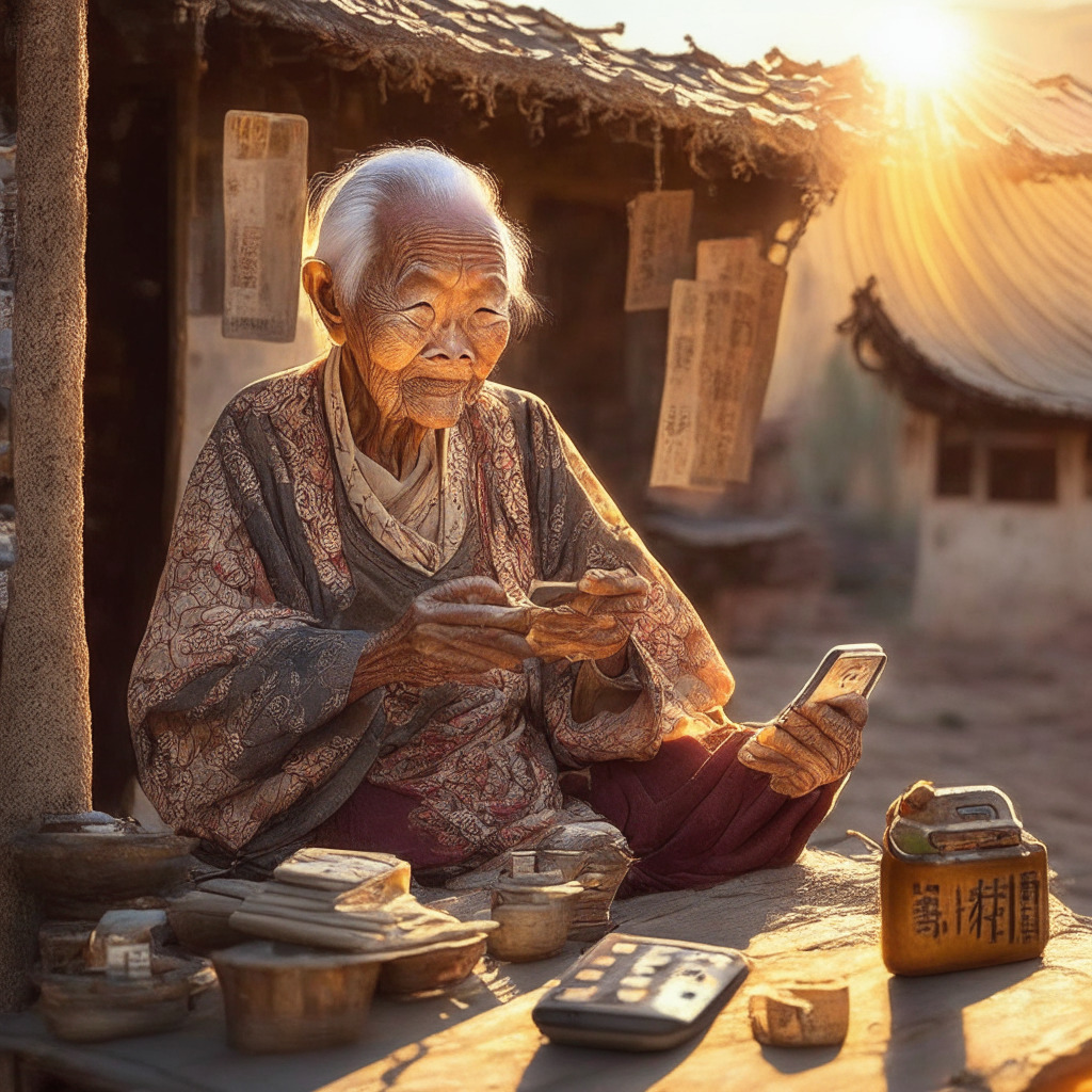 Elderly in Chinese village using digital yuan hard wallets, picturesque rural setting, warm golden sunlight, intricate wearables, IC cards & 2G phones, optimistic atmosphere, blend of tradition & technology, sense of financial inclusion, subtle discounts at local store, increasingly digital society.