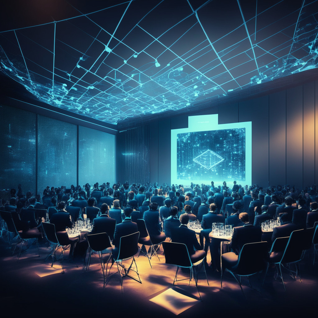 Elegant virtual pitch room filled with investors and Web3 startups, blockchain-inspired glowing connections, warm ambient lighting, 3D elevator pitches materializing, diverse entrepreneurs sharing visions, innovative projects displayed as holograms, ethereal yet professional atmosphere, optimism amidst challenges in the crypto space.