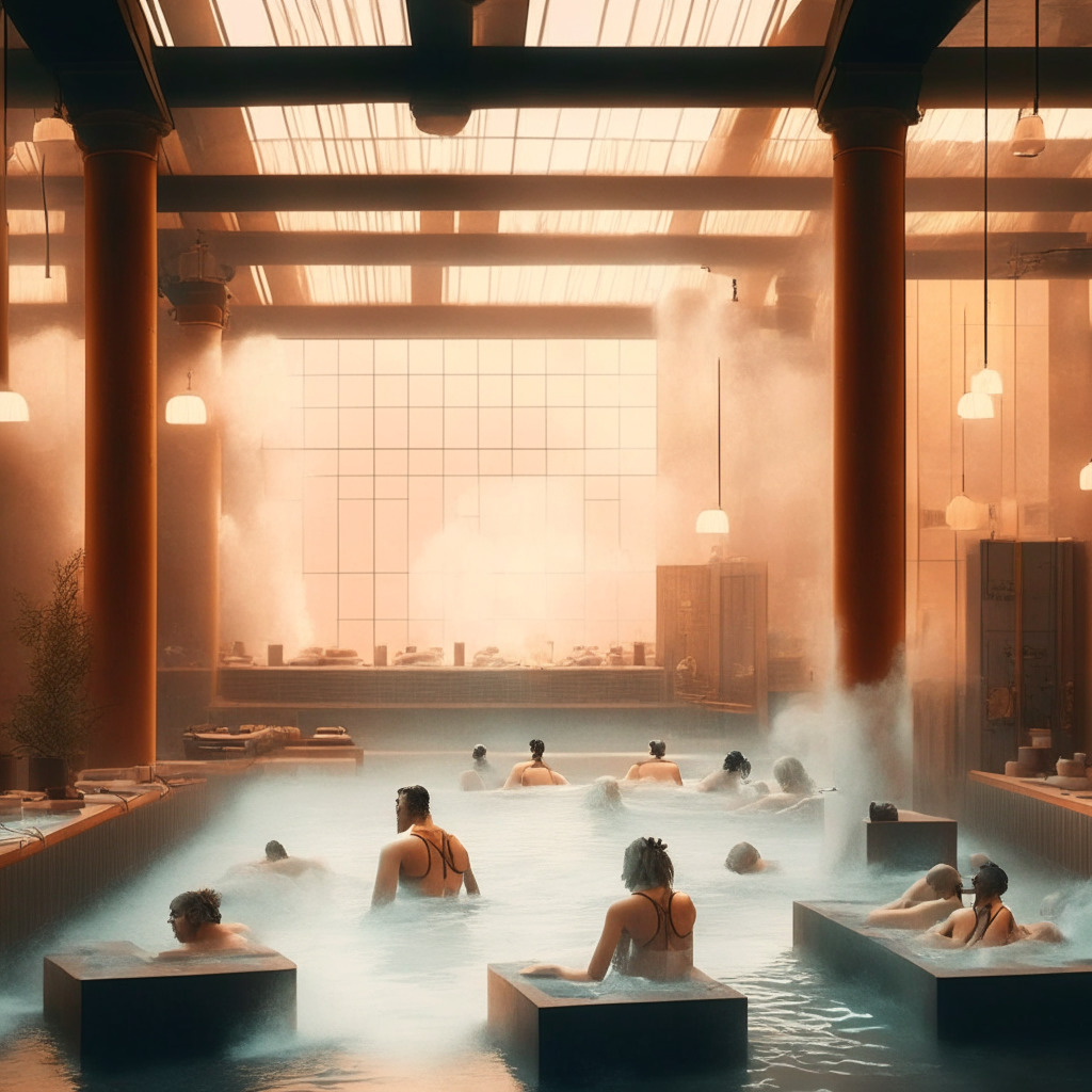 Brooklyn bathhouse scene, Bitcoin mining rigs, warm spa, debates in the air, modern industrial style, juxtaposition of relaxation and technology, soft ambient lighting, steam rising from pools, concerned and intrigued visitors, environmental sustainability themes, warm color palette, mood of innovation and controversy.