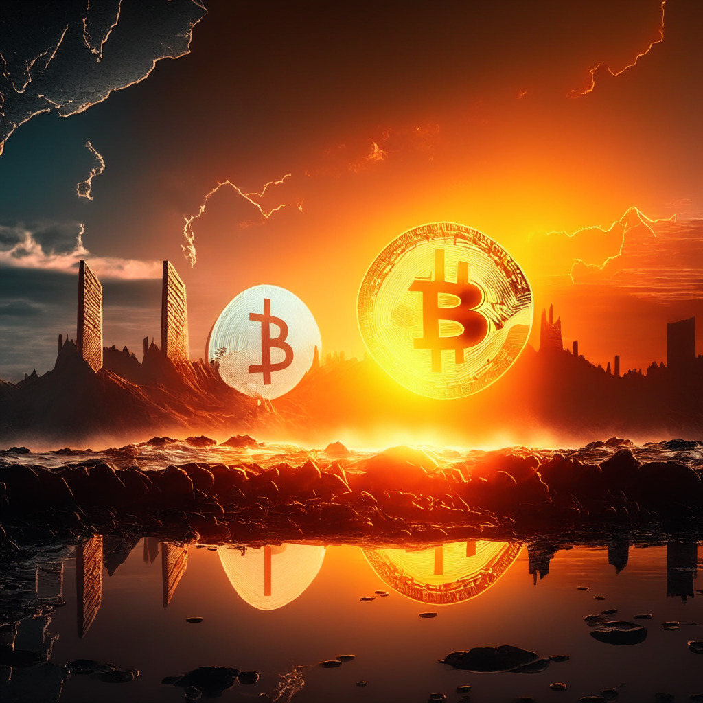 Dramatic sunrise over digital landscape, Bitcoin symbol standing tall, rising trend lines, bullish vibe, confident long-term investors, warm hues reflecting optimism, contrasting volatile market shadows, Ethereum and other crypto players in the background, Glassnode analytics in subtle watermark.