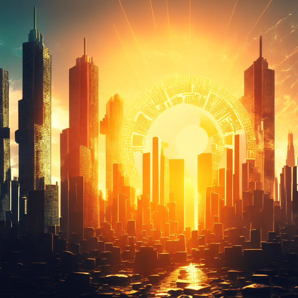 Crypto recovery after downturn, sun rising on digital currency landscape, intricate financial cityscape with futuristic skyscrapers, Bitcoin ETF as dominant force, halo of optimism illuminating the scene, warm hues of revival, shadows of uncertainty dissolving, vital investment energy flowing.