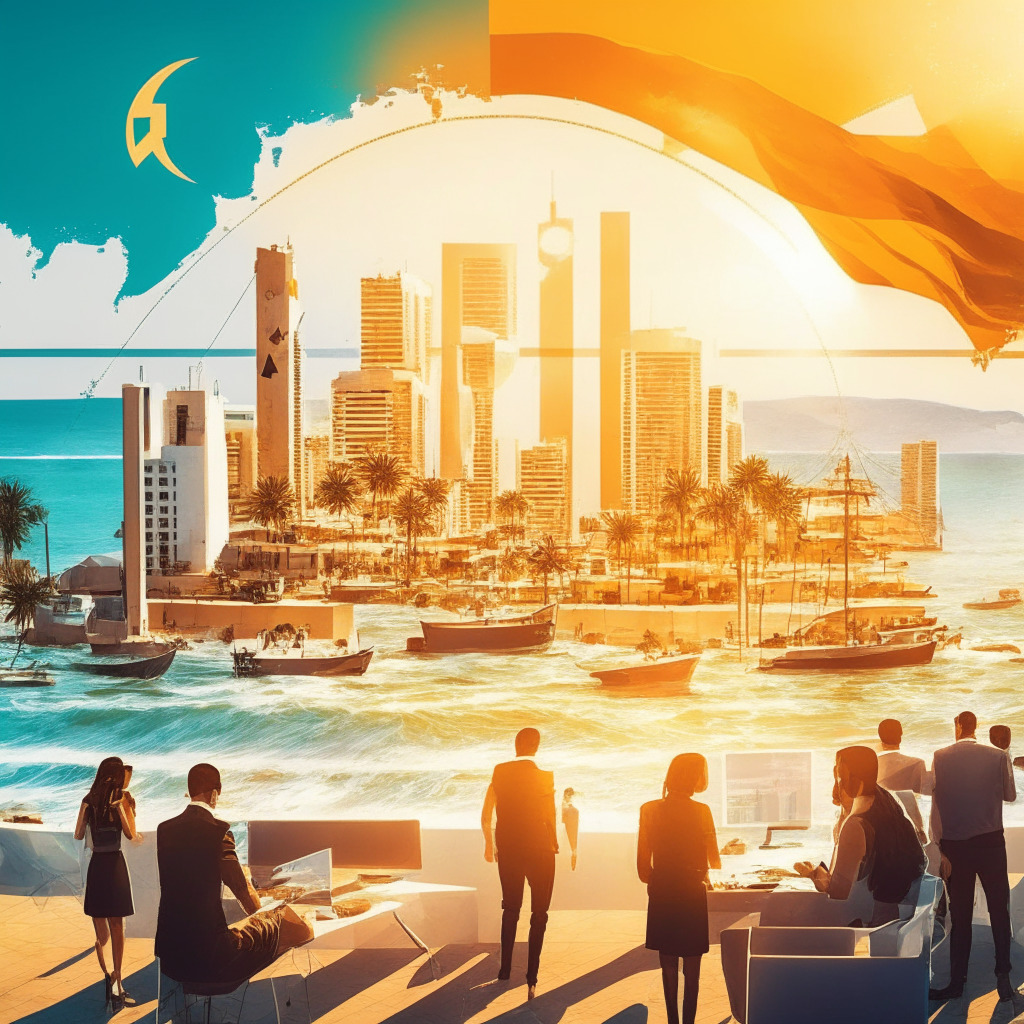 Sunlit Mediterranean coast, crypto exchange office with Cypriot flag, diverse group of people interacting, mix of modern & ancient architectural elements, warm hues, air of innovation, reflection of compliance & growth, city skyline, balance scales representing pros & cons, unreadable cryptocurrency logo.