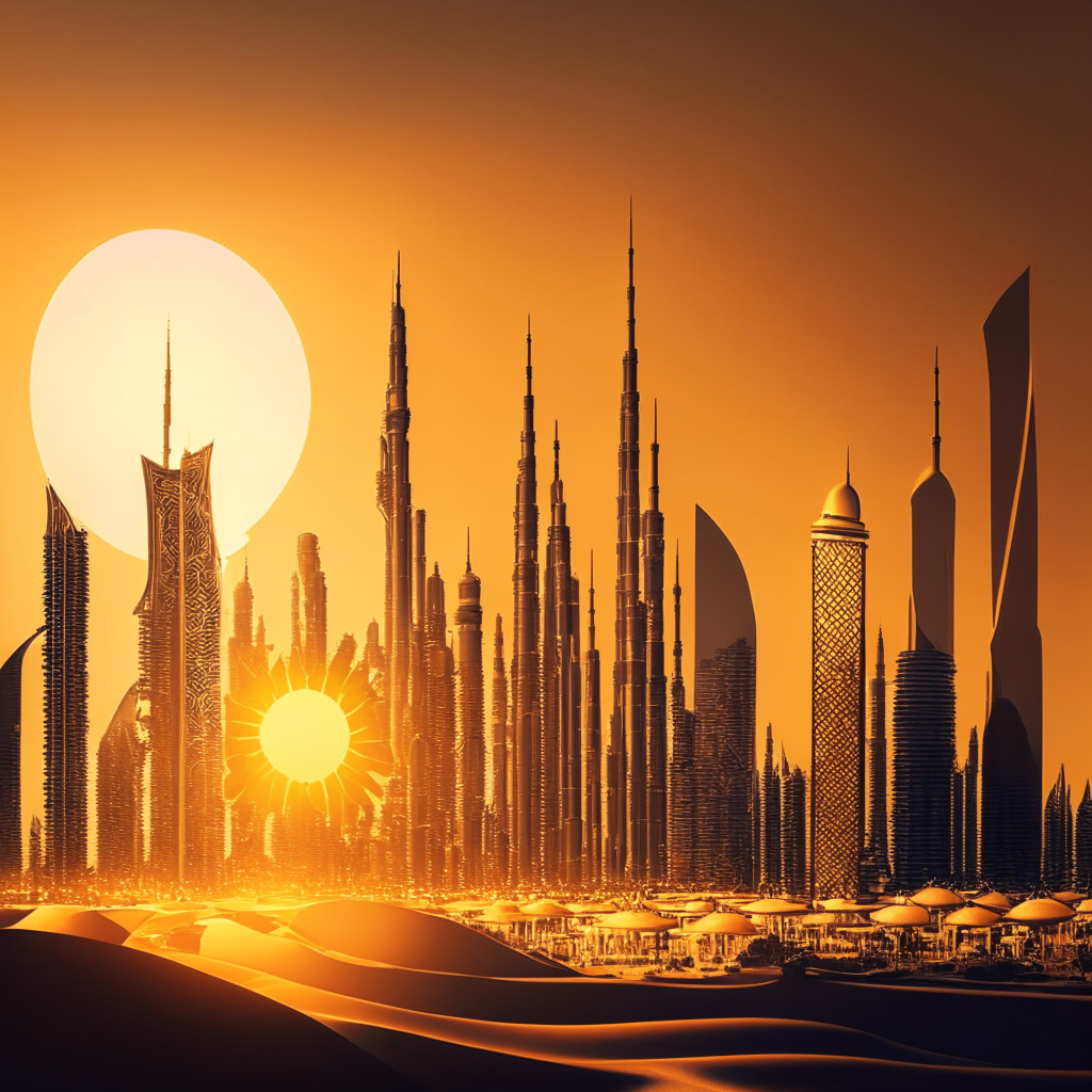 Intricate Dubai skyline, crypto exchange backdrop, golden sun casting warm glow, modern Arabian art style, air of innovation & opportunity. Regulators & investors discussing crypto rules, some welcoming, others cautious. Mood of perseverance, commitment to progress in complex landscape.