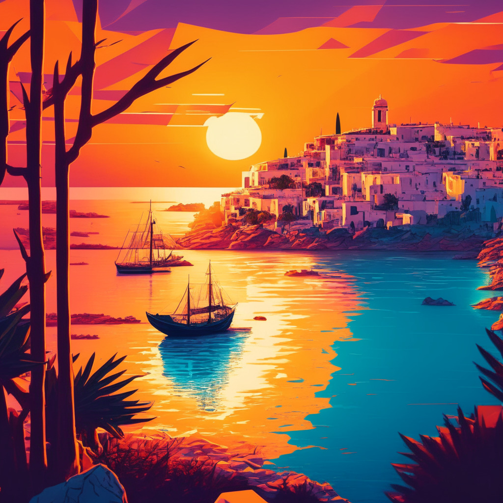 Mediterranean crypto hub, vibrant crypto ecosystem, evening light with warm hues, Cyprus island landscape, innovative blockchain technologies, Malta comparison, adoption and growth, contemporary artistic style, positive and dynamic mood, transformative financial scene, balanced composition.