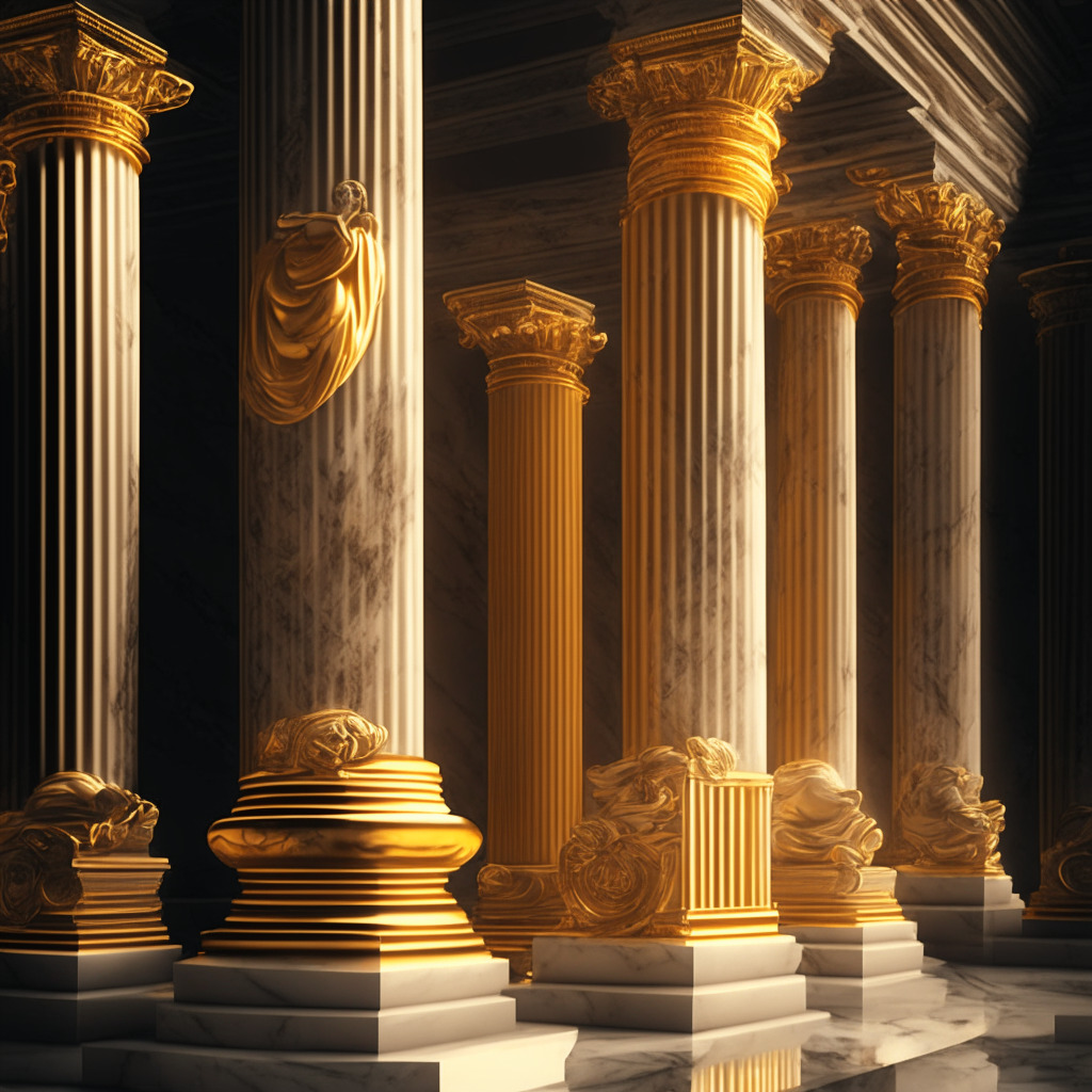 Majestic marble bank pillars, a glimmering golden Bitcoin at the forefront, demure grayscale on bank interiors, elegant Renaissance painting style, warm amber lighting, contrasting bold ultramodern aspects, dynamic composition symbolizing new meets old, complex mood conveying a cautious but progressive approach to crypto.
