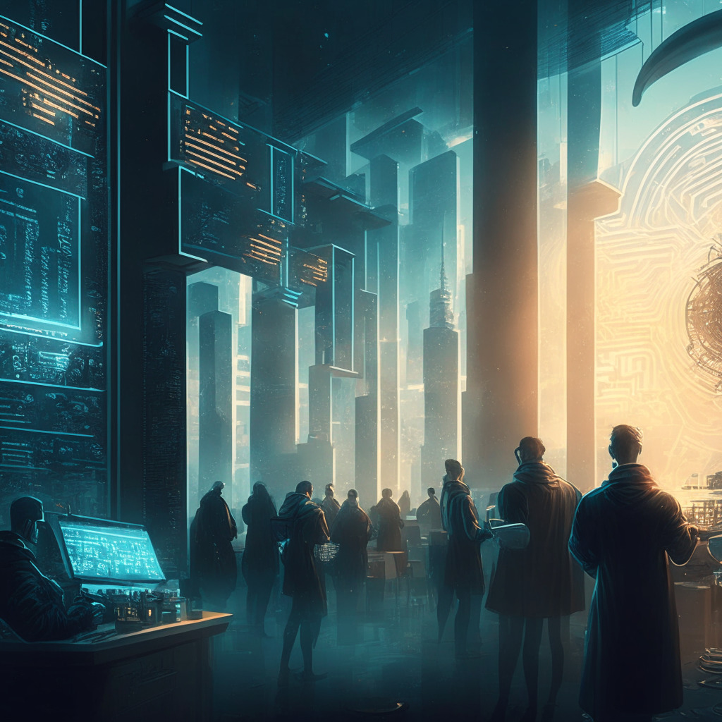 Intricate digital currency scene, futuristic cityscape with financial institutions, people conducting anonymous transactions, soft warm lighting, privacy versus surveillance metaphor, secure digital environment, touch of chiaroscuro, hopeful yet cautious mood, striking balance between progress and privacy. (250 characters)