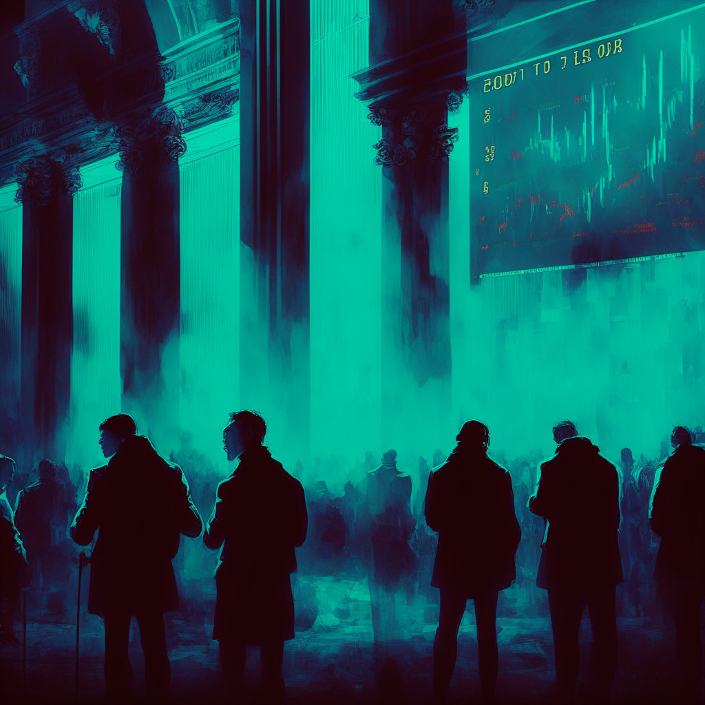 Gloomy stock exchange background, SEC lawsuits looming, shadowy figures of centralized crypto exchanges, contrasting vibrant colors representing decentralized exchanges, light vs dark artistic theme, increasing trading volumes on DEX, chiaroscuro lighting effect, mood of uncertainty and resilience within crypto market.
