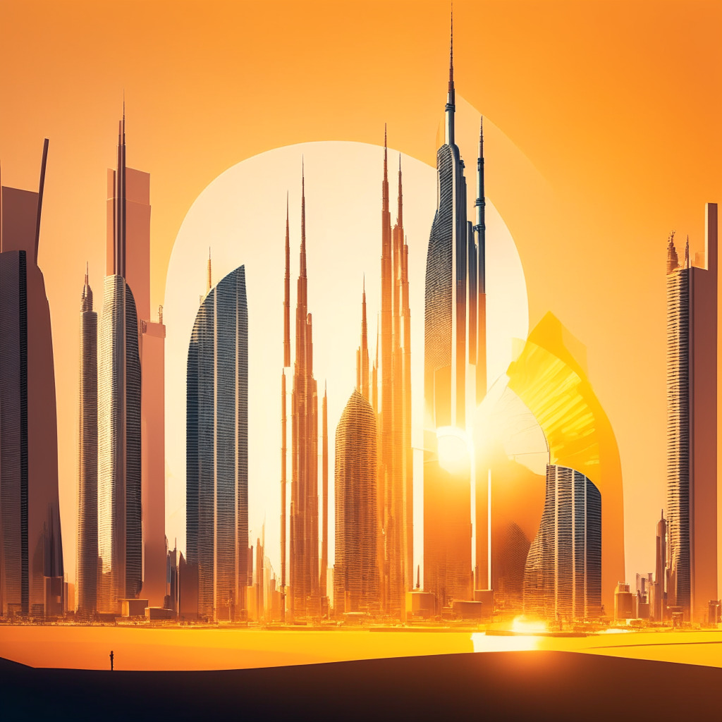Futuristic UAE skyline with crypto hub elements, abstract blockchain connections, sunlit financial district, contrast of shadows and light, sense of innovation meets regulation, Central Bank building in foreground, warm color palette, mood of ambition and vigilance, financial safeguards subtly integrated.