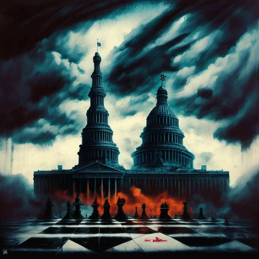 Dark, stormy political chessboard, contrasting colors, bold brushstrokes, tense atmosphere, dramatic lighting, chess pieces represent major parties, looming CFTC decision, intense mood, public involvement, soaring Capitol building in backdrop, swirling clouds of controversy, reflecting unpredictability, dynamic composition.