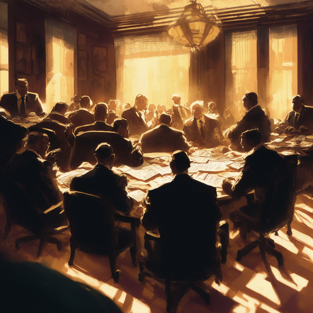 Intricately detailed CFTC meeting scene, intense discussion on digital assets, swap dealers and futures markets, warm conference room lighting, serious mood, late afternoon sunlight peeking through blinds, dark wood paneling, participants wearing business attire, diverse group of people, papers strewn across meeting table, artistic impressionist style.