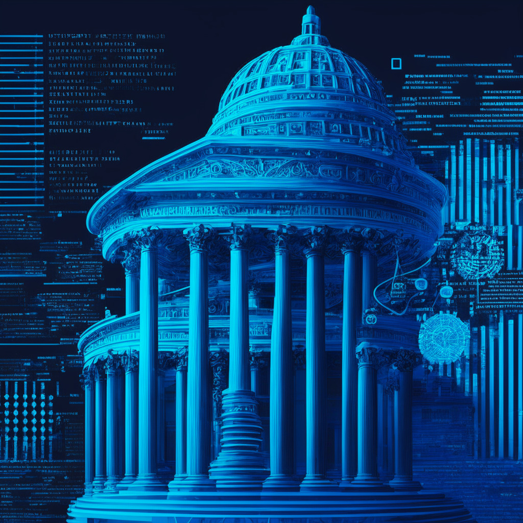 Intricate scales of justice, gavel, and binary codes, US Capitol & Congress chambers, somber colors of blue & gray, contrasting hopes & risks, vibrant blockchain elements, soft glow depicting uncertainty, barometer-like structures hinting public opinion, dynamic tension between innovation & regulation, 350 characters.