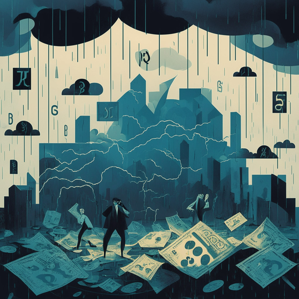 Intricate financial scene, modern art style, soft ambient lighting, uncertain mood, abstract tokens representing CRV collateral, unstable foundation, characters expressing concern, scale showing health rate teetering near 1.00, stormy sky signifying market volatility, hints of historical events in the background, shadow of liquidation risk looming.