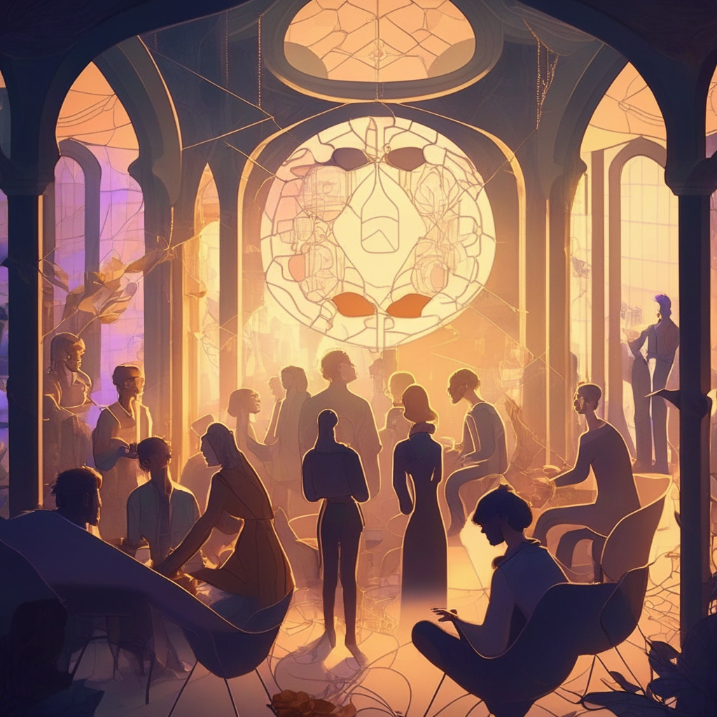 Ethereum-based Web3 scene, warm light setting, diverse group of people connecting, virtual tokens turning into real-life bonds, art nouveau style, mood of hope and unity, tangible connections emerging, neuroscientific influence, fusion of technology and human relationships, dismantling loneliness.