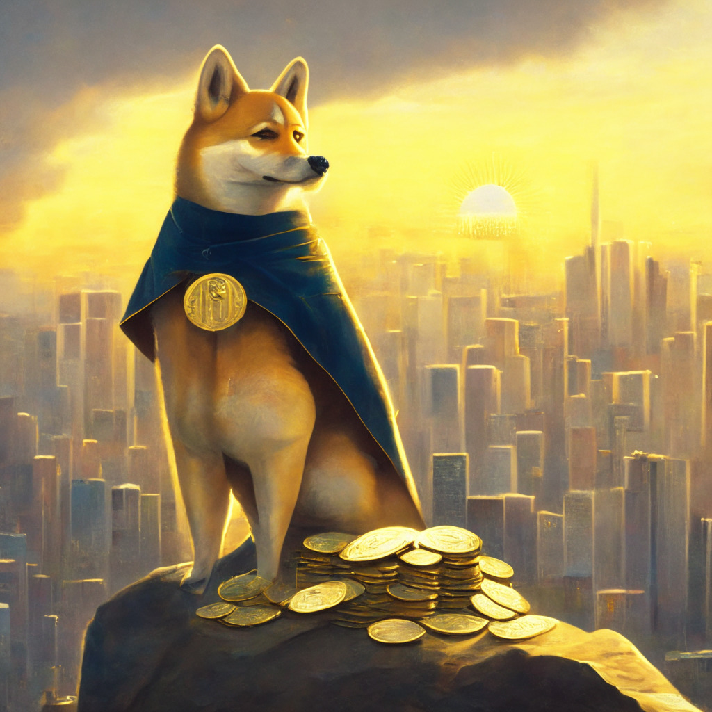 Scene: A Shiba Inu dog atop a mountain of coins, ambiguous city skyline in the background, golden light illuminating the scene, vintage oil painting style, curious yet optimistic mood. Details: Shiba Inu wearing a cape symbolizing support, coins shimmering, reflecting potential growth, soft sunset, hinting at success but uncertainty.