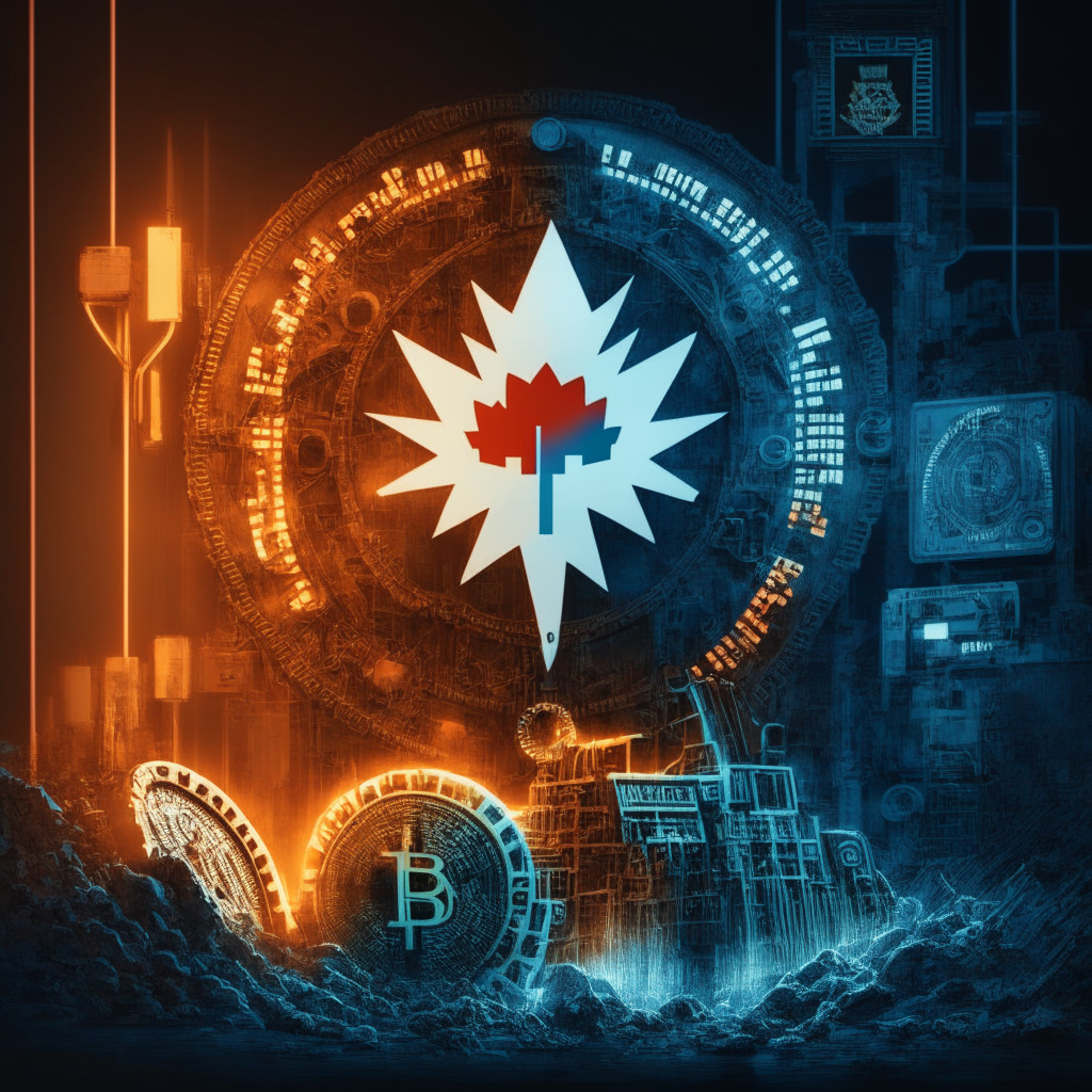 Intricate mining machinery with Canadian flag, luminous Coinbase Credit emblem, dollar sign representing $50M credit facility, digital clock counting down to Bitcoin halving event, contrasting dimly lit background, energetic and strategic mood, incorporating financial and tech-inspired art style.