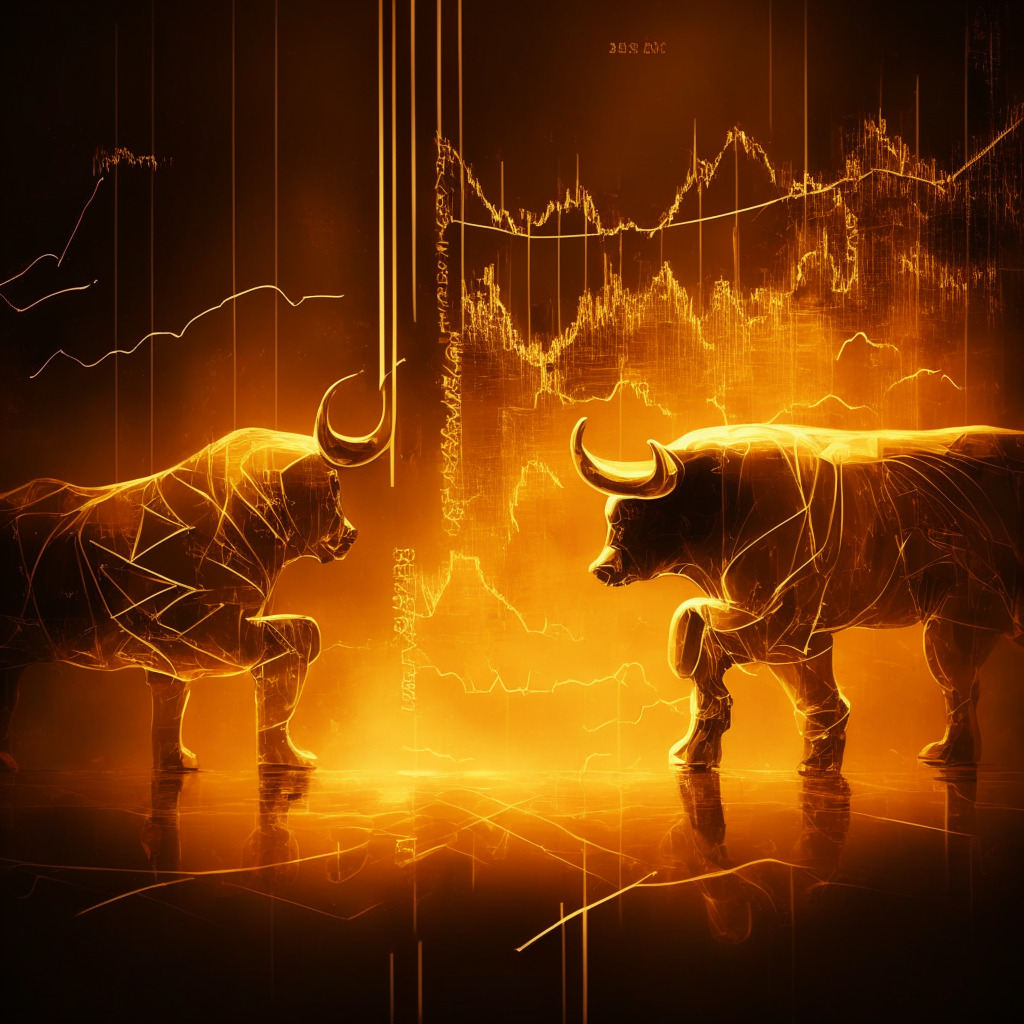 Intricate market analysis scene, double bottom pattern, bullish vs bearish struggle, subtle golden lighting, impressionist style, juxtaposed emotions with cautious optimism, potential trend reversal on horizon, dynamic composition evoking volatility, no brands/logos, 350 characters max.