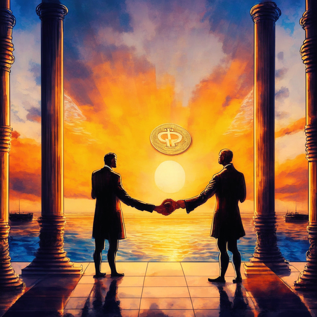 Cryptocurrency rivalry scene, Cardano founder, XRP community, handshake symbolizing reconciliation, SEC courtroom backdrop, balanced scale representing judgment, sunset sky depicting hope, Impressionist art style, soft, warm, and harmonious color palette, introspective and optimistic mood.