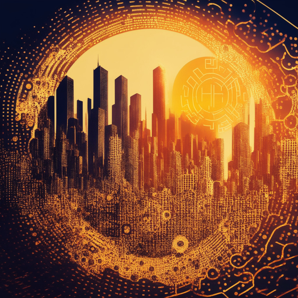 Cryptocurrency truce, sunlit city skyline, Cardano and Ripple logos merging, SEC document backdrop, warm colors, optimism, collaboration, looming regulatory challenges, uncertainty, interconnected blockchain networks, swirling artistic patterns, financial accessibility, innovation, prudence.