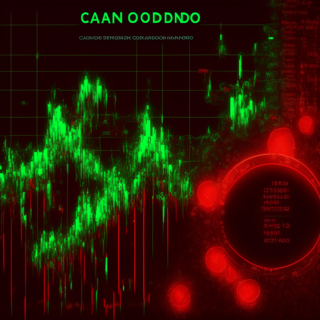 Chaos in crypto market, Cardano price plunge, intense selling pressure and rebound, daily RSI oversold region, long-tail rejection candle, buyers accumulating at $0.24 support level, moody atmosphere, dim lighting, artistic tension, hues of red and green reflecting price fluctuations, hint of hopeful light signaling recovery possibility.