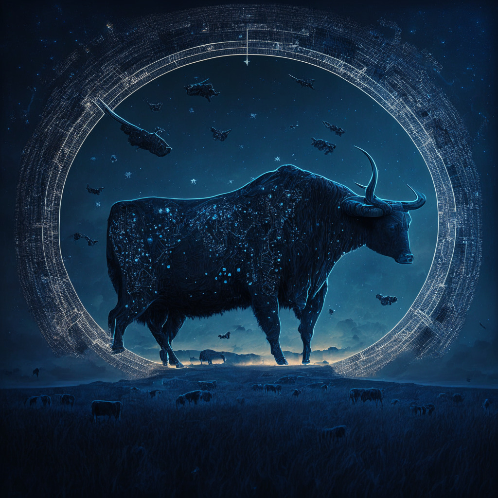 Intricate blockchain art, Cardano coin hovering near $0.24 support, twilight sky reflecting uncertainty, battle between bulls & bears, dominant bearish market trend, subtle hints of potential recovery, no company logos.