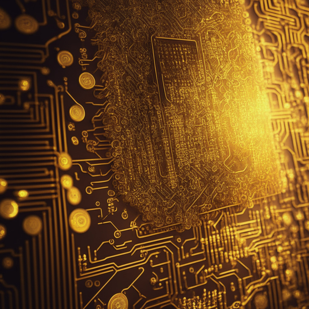 Intricate circuit board pattern, abstract 3D growth chart in the background, warm golden light emanating from the center, shadows reflecting fluctuating market trends, steampunk-style digital coins, optimistic yet mysterious atmosphere, airy brush strokes, a touch of Hydra and Mithril element, a seamless blend of technology and artistry.