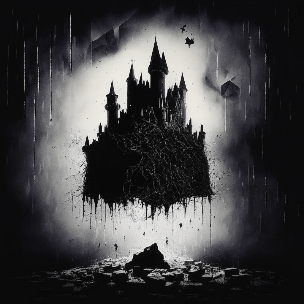 A collapsing crypto castle, Cardano's ADA price struggling amid Binance lawsuit chaos, ghostly downtrend looming, market challenges casting ominous shadows, determined buyers battling to regain control, broken trendline as potential resistance, stormy mood depicting uncertain future, artistic noir style encapsulating the chaos, softened light highlighting the struggle.