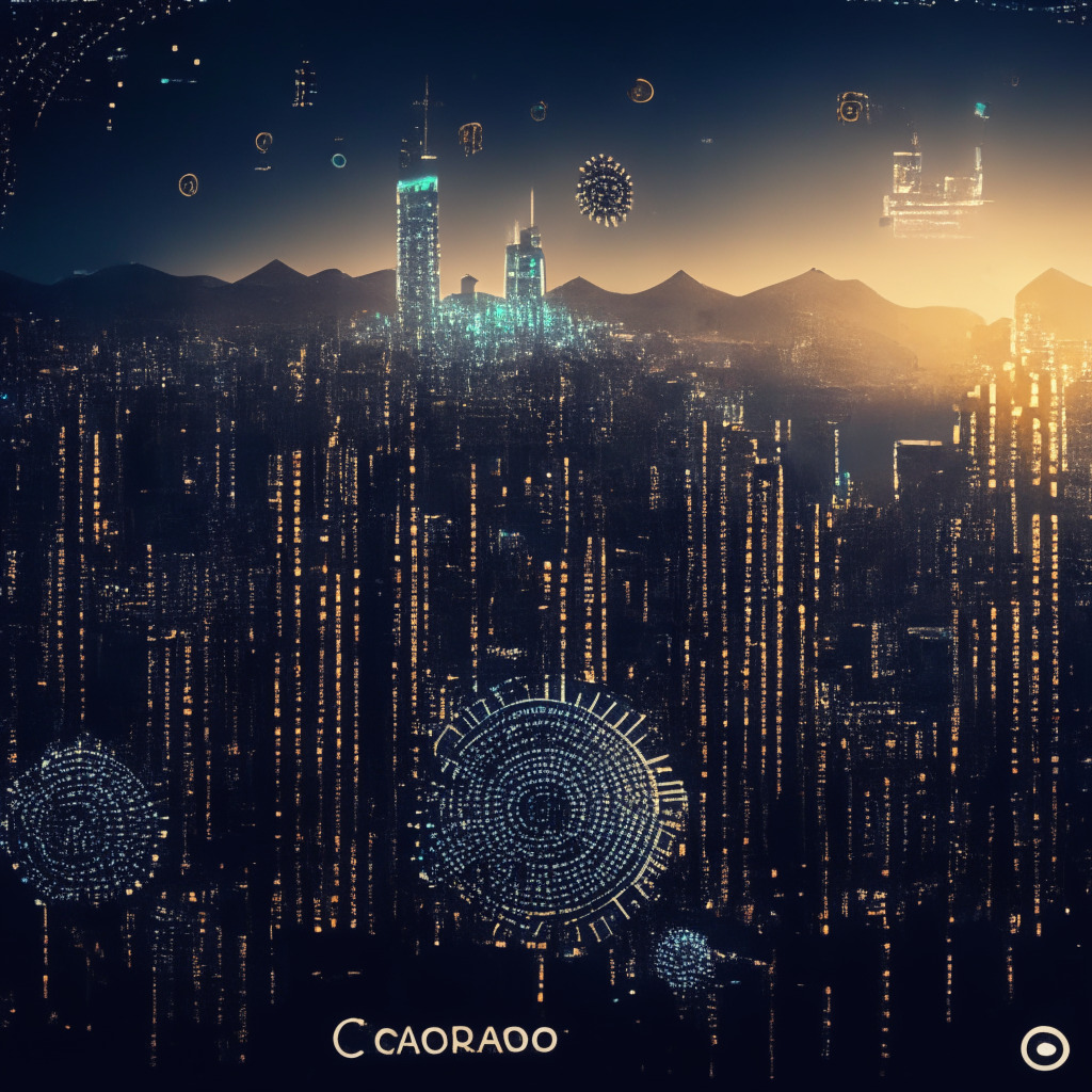 Futuristic city skyline at dusk, PoS layer-1 blockchain theme, contrasting light and shadows, Cardano ADA coin in the foreground, regulatory crackdown imagery (gavel, SEC logo), utility-driven growth symbols (cogs, mechanical gears), bearish trend transitioning to bullish, smart contract & DApp elements, determined industry players, underlying technology emphasis, somber yet hopeful mood.