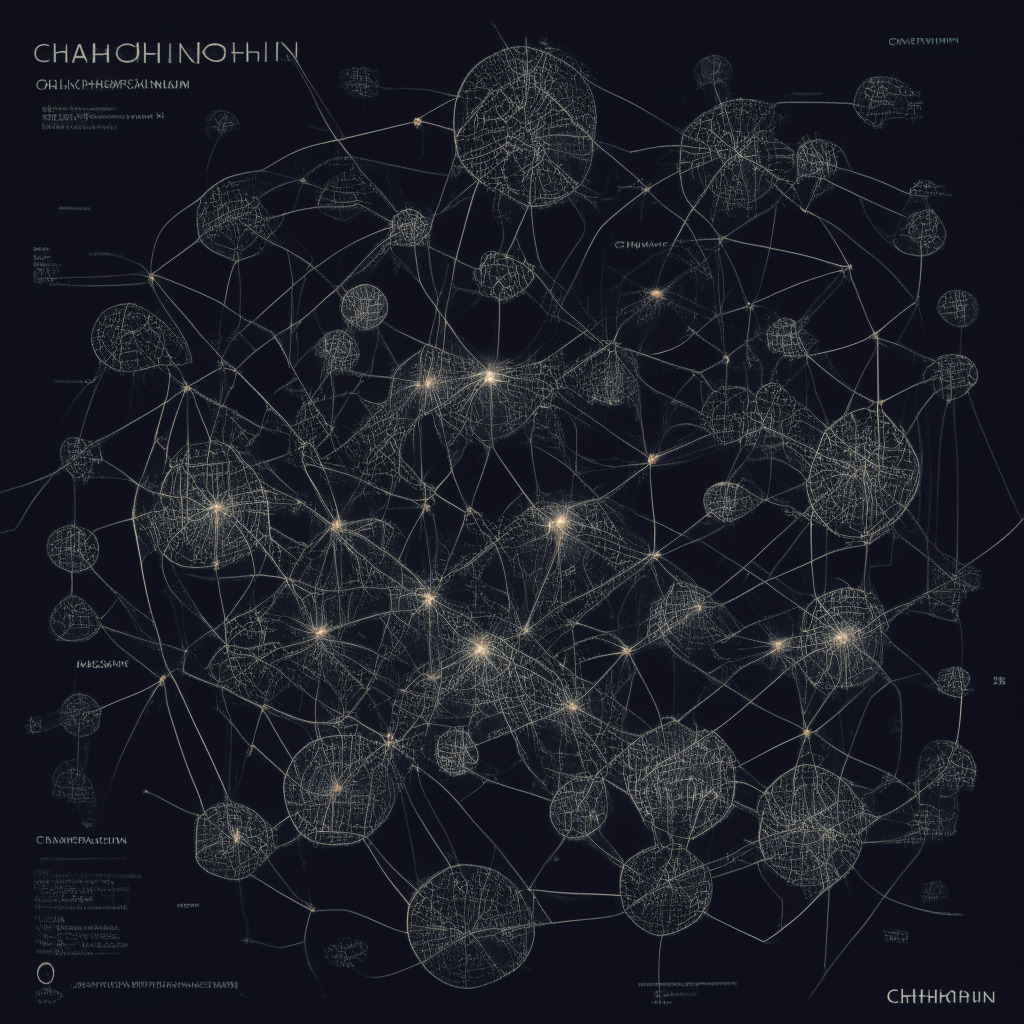 Intricate blockchain network, Charles Hoskinson, optimistic community, Cardano Node 8.1.1, Lace 1.2 wallet, epoch transitions, stake pool operators, regulation challenges, digital curtain, light vs dark, glowing ADA coin, subtle hint of caution, oscillating ADA values, blend of cool and warm lights, grayscale regulatory silhouettes, shimmer of hope, dynamic crypto environment.