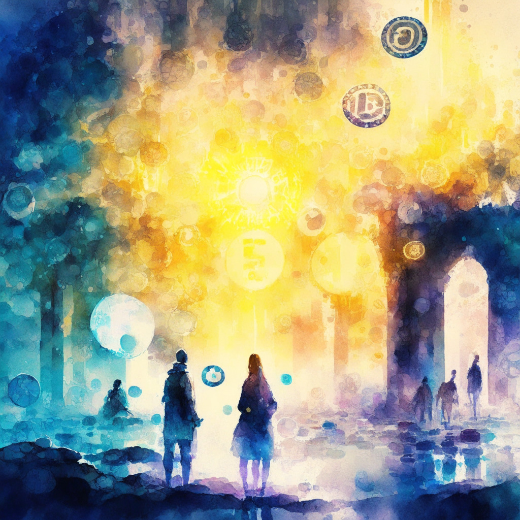 Cryptocurrency market uncertainty, Cardano reconciling with XRP community, SEC crackdown, light setting: hopeful dawn breaking, art style: vibrant watercolor, mood: collaborative, hint of rivalry, emerging cryptocurrencies, sustainability focus.